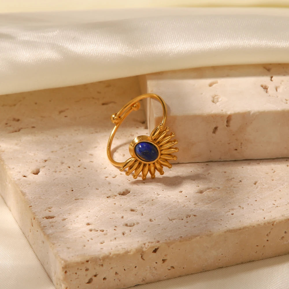 Youthway Vintage Lapis Stainless Steel Metal Golden Open Ring High Quality Charm Texture Stylish Golden Jewelry Women