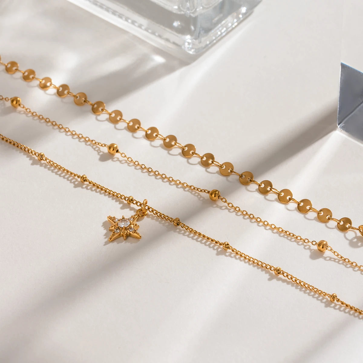 Youthway Rhinestone Star Layered Chain Pendant Necklace Women Stainless Steel Golden Metalic Waterproof Texture Necklace Jewelry