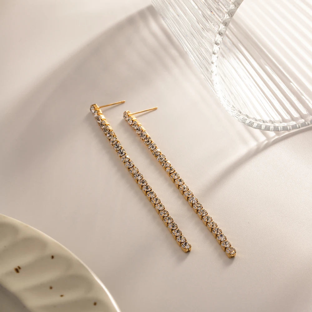 Delicate Simple Shiny White Cubic Zirconia Tassel Dangle Earrings 18K PVD Plated Statement Europe Jewelry Women
