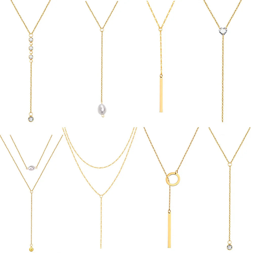 Drop Y Lariat Necklace with Bar Pendant, Stainless Steel Long Chain, Womens Necklaces Trendy