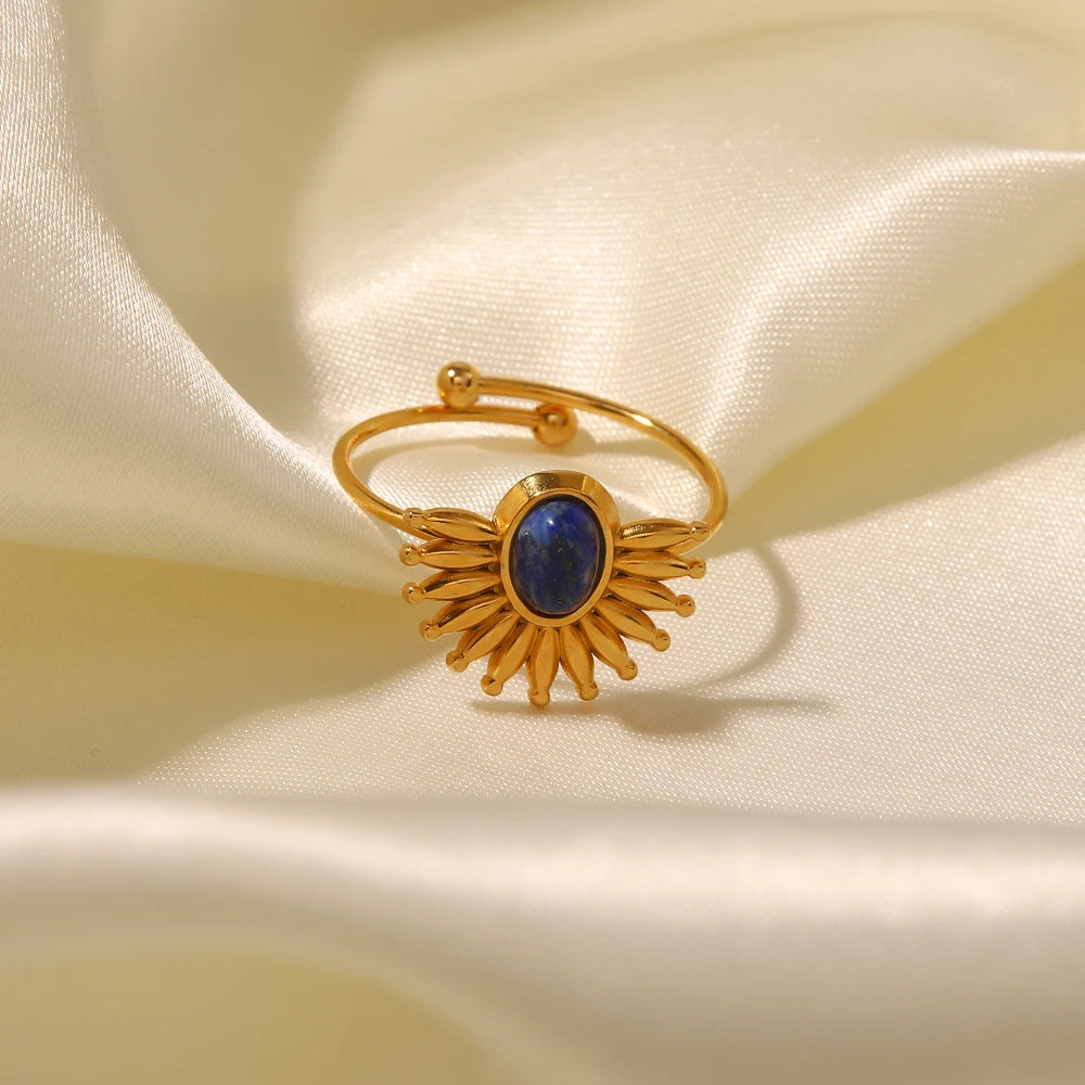 Youthway Vintage Lapis Stainless Steel Metal Golden Open Ring High Quality Charm Texture Stylish Golden Jewelry Women