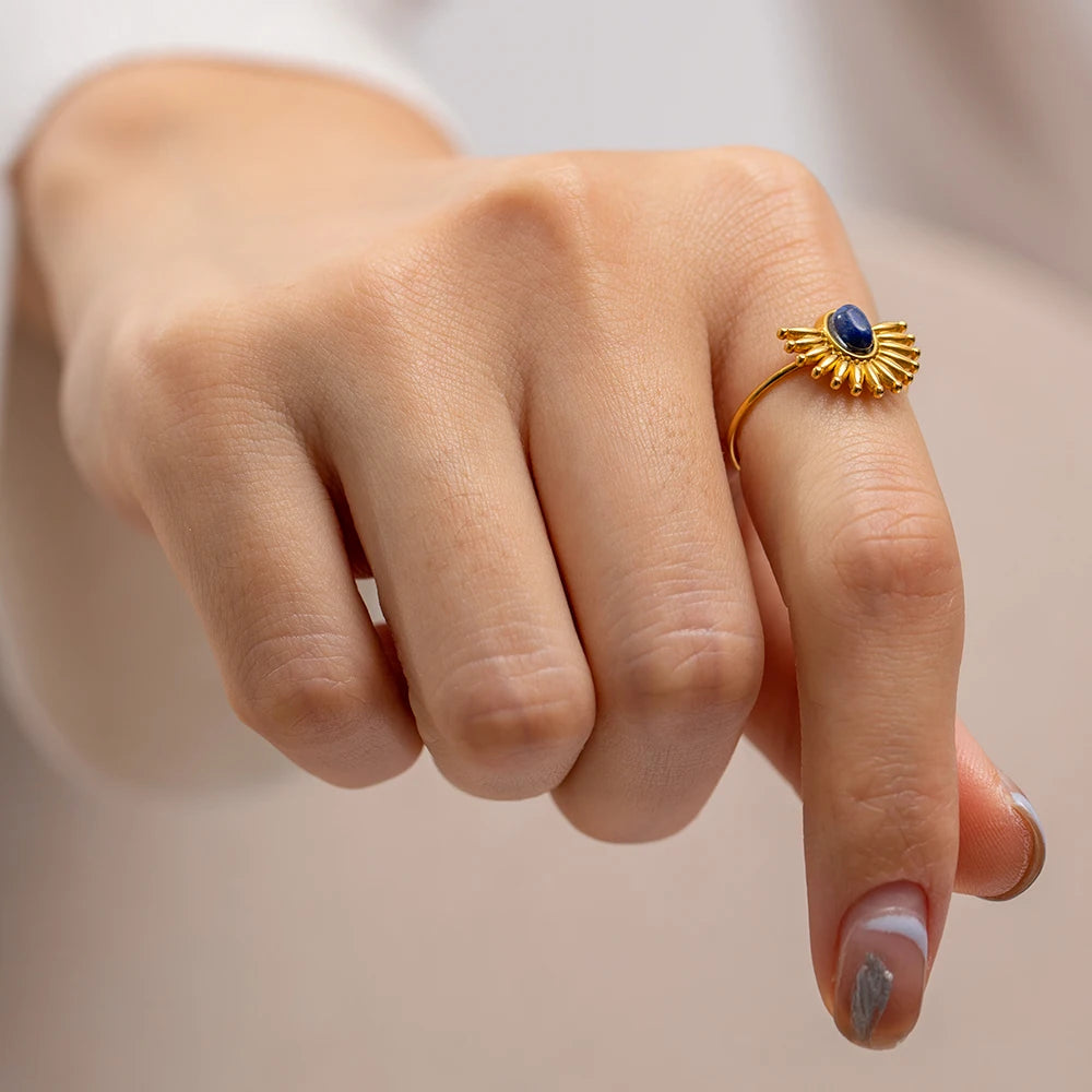 Youthway Vintage Lapis Stainless Steel Metal Golden Open Ring High Quality Charm Texture Stylish Golden Jewelry Women