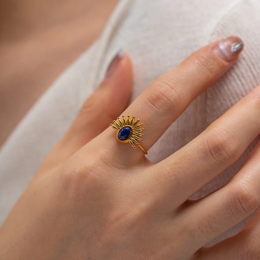Youthway Vintage Lapis Stainless Steel Metal Golden Open Ring High Quality Charm Texture Stylish Golden Jewelry Women