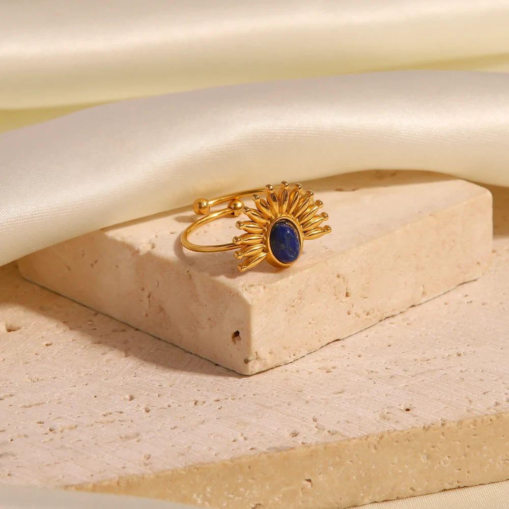Youthway Vintage Lapis Stainless Steel Metal Golden Open Ring High Quality Charm Texture Stylish Golden Jewelry Women