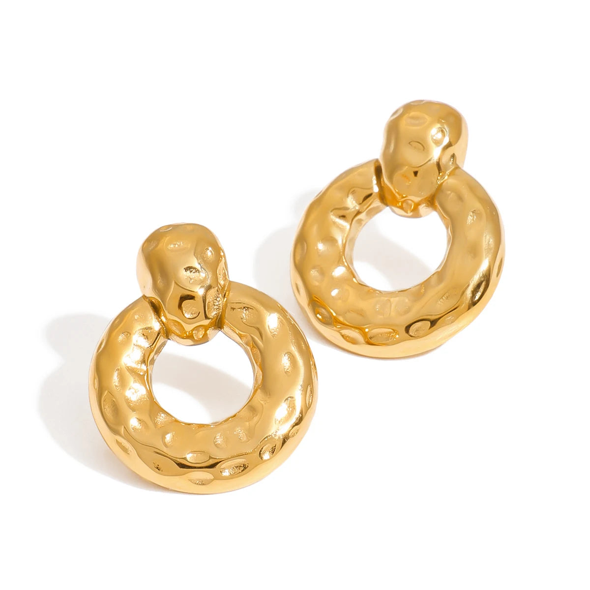 Youthway New Arrival Trendy Gold Plated Stainless Steel Hammer Pattern Geometric Circle Hollow Drop Earrings Women Jewelry Gift