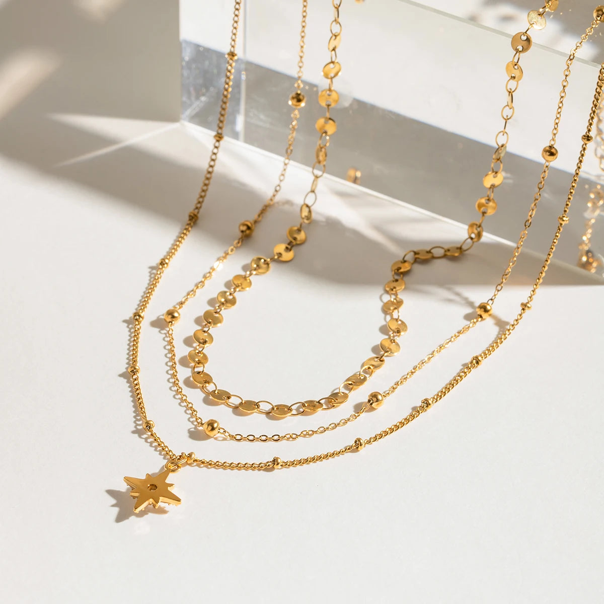 Youthway Rhinestone Star Layered Chain Pendant Necklace Women Stainless Steel Golden Metalic Waterproof Texture Necklace Jewelry