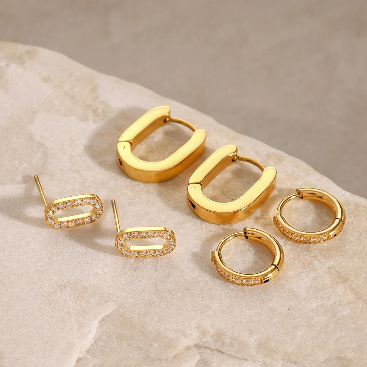 Youthway 18K Gold Stainless Steel White Rhinestone Geometric U-Shaped Stud Earrings for Women anti Allergic Jewelry Set