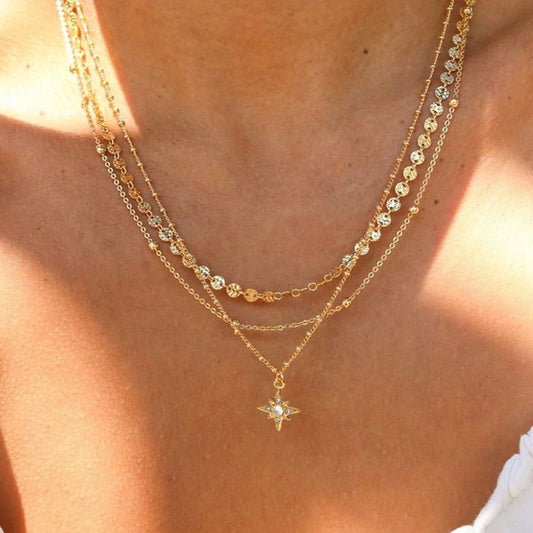 Youthway Rhinestone Star Layered Chain Pendant Necklace Women Stainless Steel Golden Metalic Waterproof Texture Necklace Jewelry