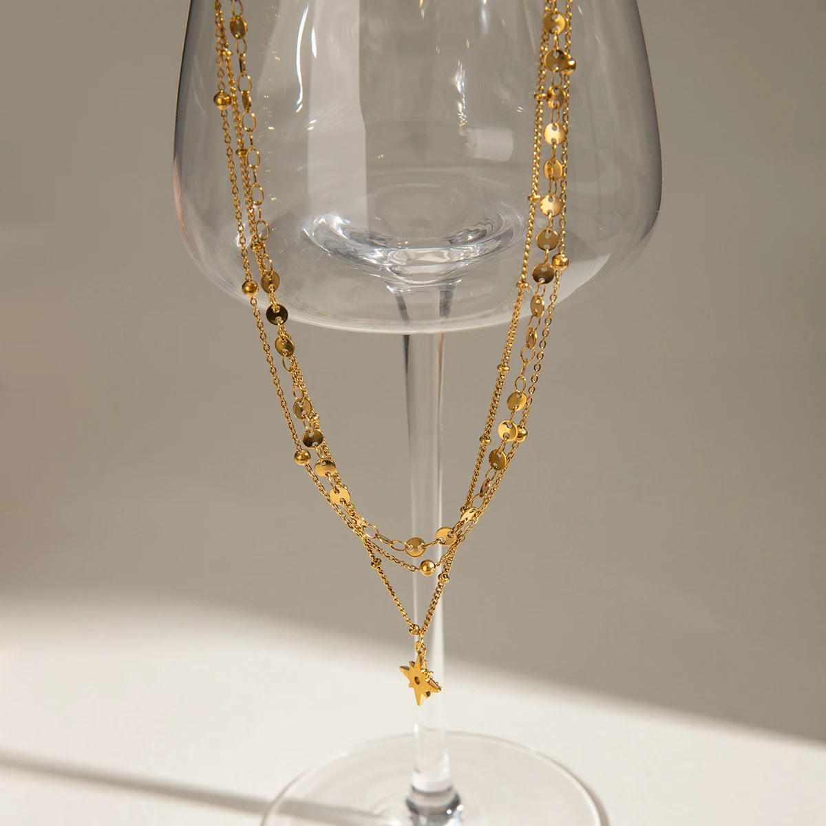 Youthway Rhinestone Star Layered Chain Pendant Necklace Women Stainless Steel Golden Metalic Waterproof Texture Necklace Jewelry