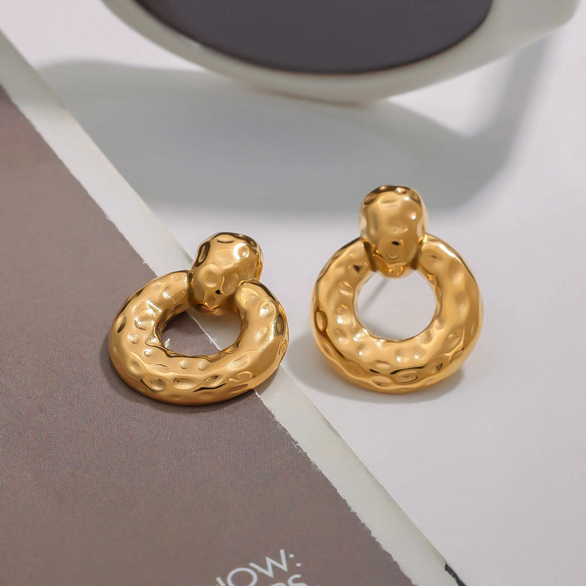 Youthway New Arrival Trendy Gold Plated Stainless Steel Hammer Pattern Geometric Circle Hollow Drop Earrings Women Jewelry Gift