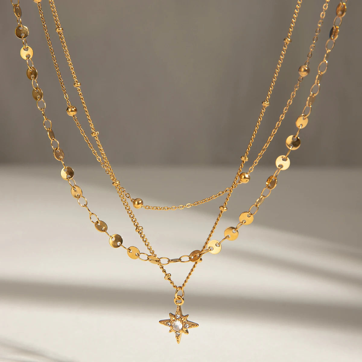 Youthway Rhinestone Star Layered Chain Pendant Necklace Women Stainless Steel Golden Metalic Waterproof Texture Necklace Jewelry