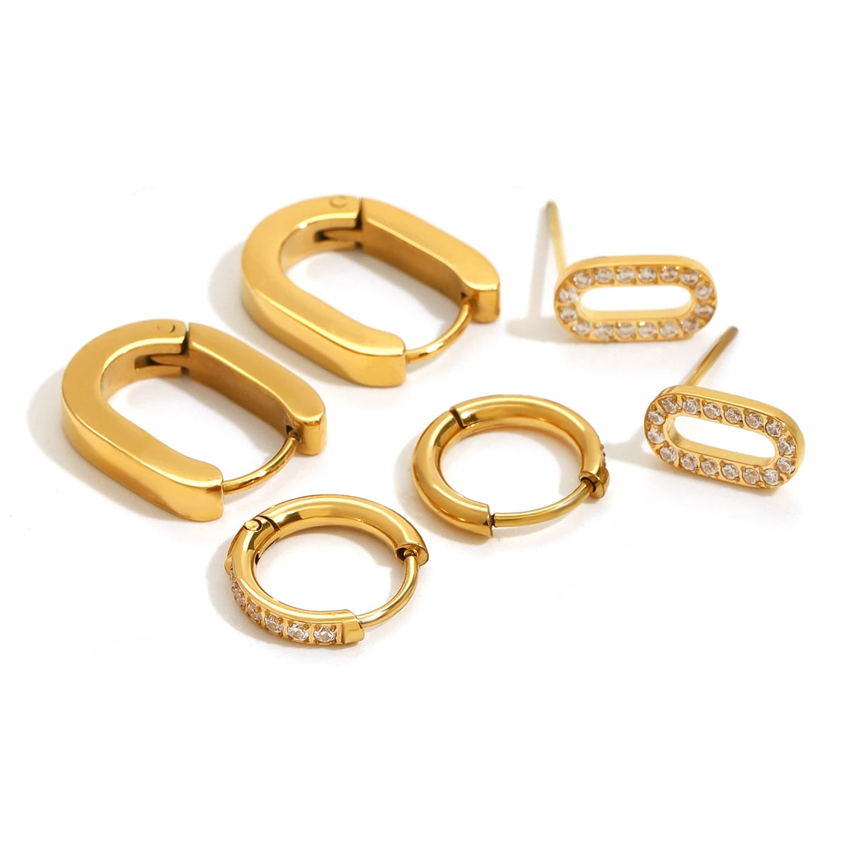 Youthway 18K Gold Stainless Steel White Rhinestone Geometric U-Shaped Stud Earrings for Women anti Allergic Jewelry Set