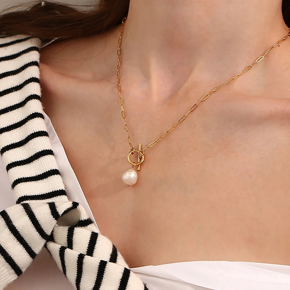 La. Muses Baroque Freshwater Pearl Pendant Stainless Steel Women'S Necklace 18K Gold Plated Fashion Jewelry Gift