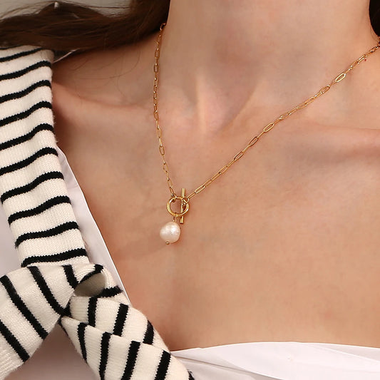 La. Muses Baroque Freshwater Pearl Pendant Stainless Steel Women'S Necklace 18K Gold Plated Fashion Jewelry Gift