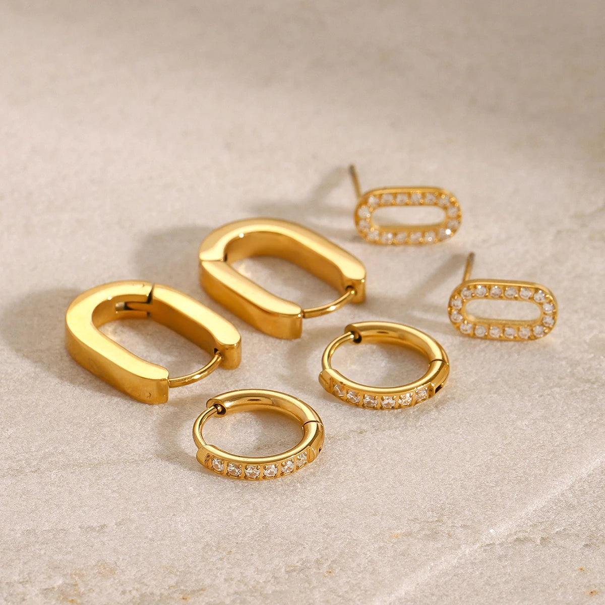 Youthway 18K Gold Stainless Steel White Rhinestone Geometric U-Shaped Stud Earrings for Women anti Allergic Jewelry Set