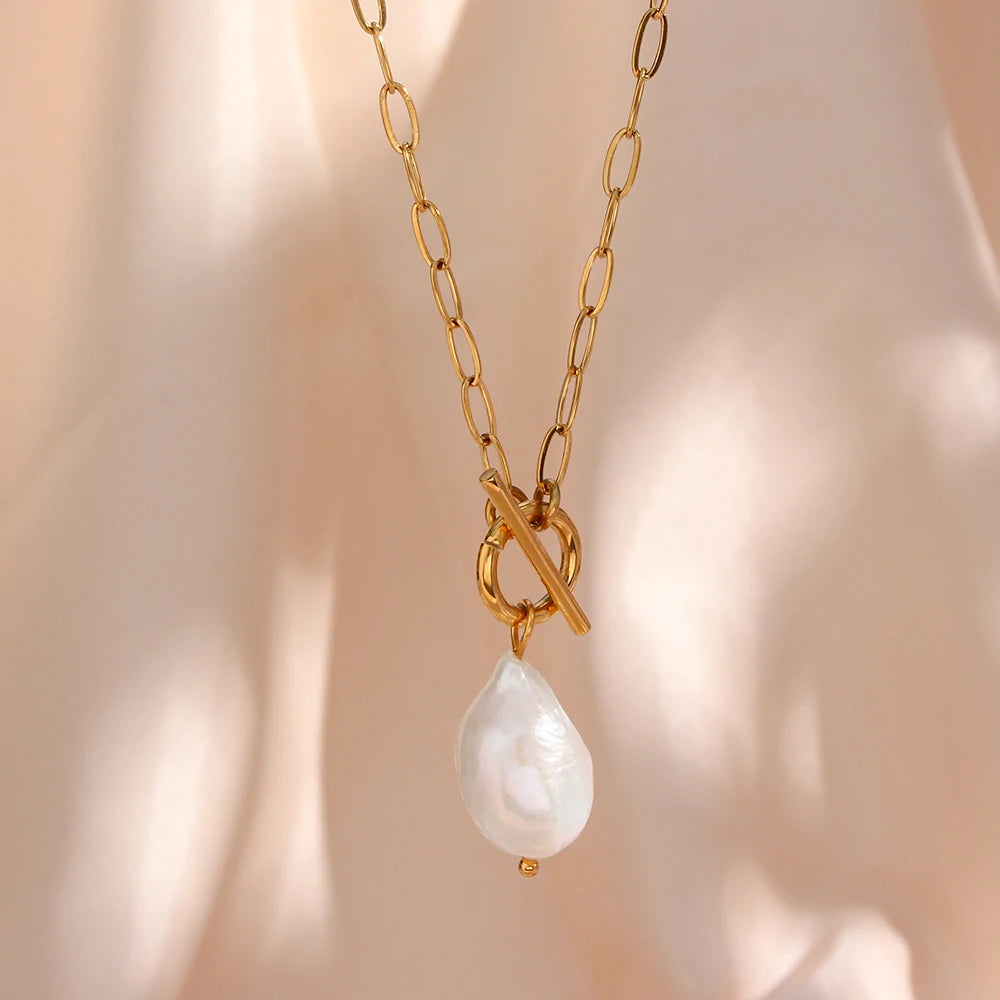 La. Muses Baroque Freshwater Pearl Pendant Stainless Steel Women'S Necklace 18K Gold Plated Fashion Jewelry Gift