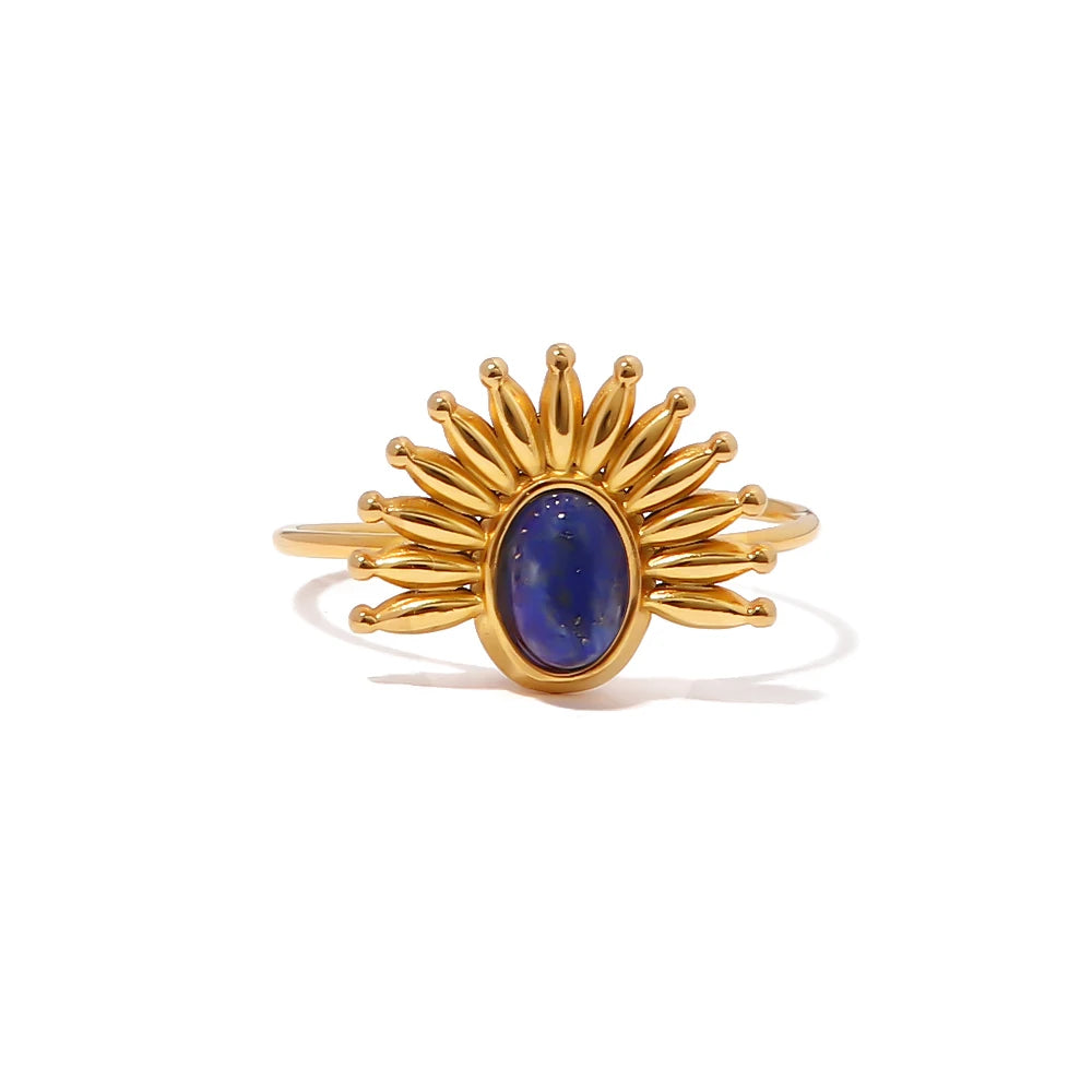 Youthway Vintage Lapis Stainless Steel Metal Golden Open Ring High Quality Charm Texture Stylish Golden Jewelry Women