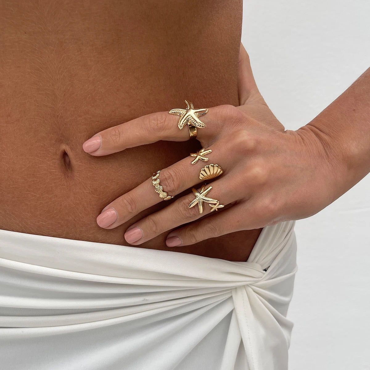 4Pcs/Set Starfish Scallop Adjustable Open Rings for Women Trendy Geometric Gold Color Ring Summer Beach Jewelry Accessory
