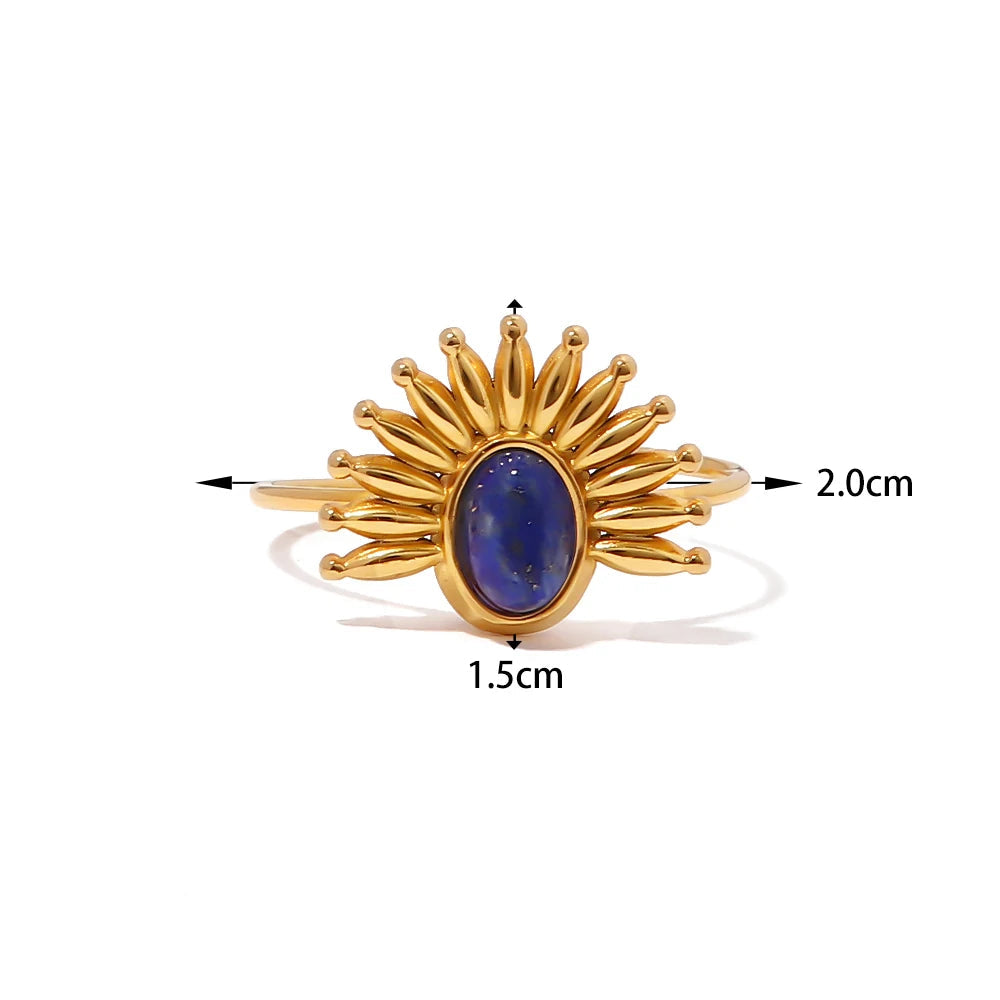 Youthway Vintage Lapis Stainless Steel Metal Golden Open Ring High Quality Charm Texture Stylish Golden Jewelry Women